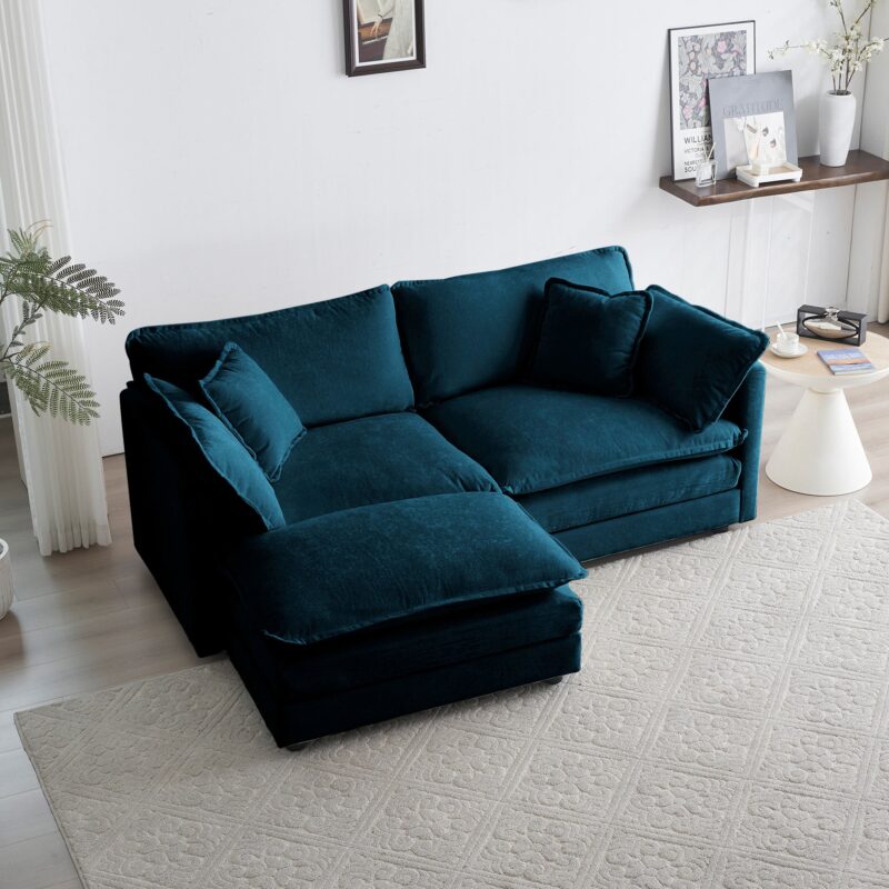 Walker Edison | Teal Cloud Chenille Two-Seater Loveseat Sofa with Ottoman - Image 2