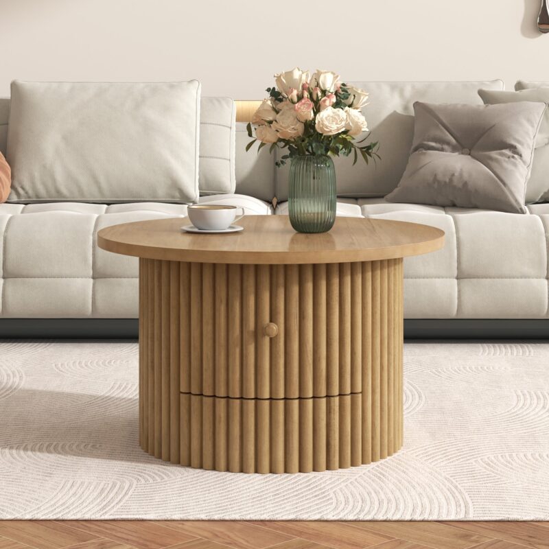 Walker Edison | Reeded Round Coffee Table with a Drawer - Image 2