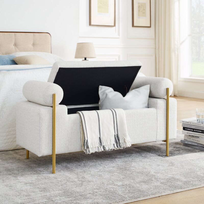 Walker Edison | Minimalist Upholstered Linen Storage Bench - Image 2