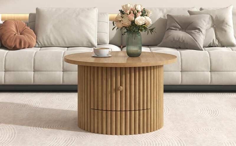 Walker Edison | Reeded Round Coffee Table with a Drawer - Image 20