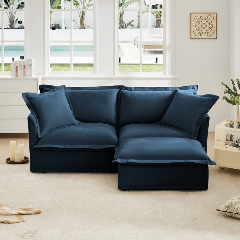 Walker Edison | Cloud Slipcovered Sectional Blue Sofa Ottoman - Image 2