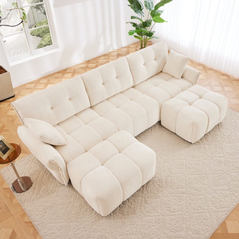 Walker Edison | Chenille Tufted 3 Seater Sofa Set With Ottoman And Throw Pillows - Image 3