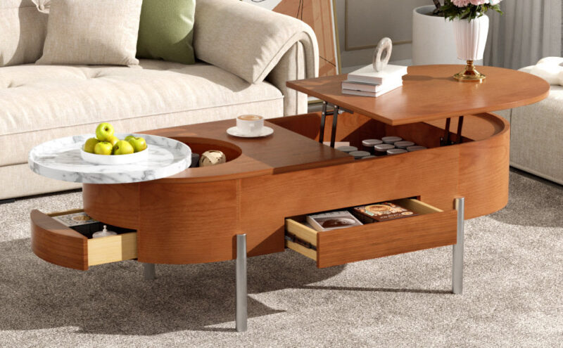 Walker Edison | Modern Lift Top Coffee Table with Marble Pattern Tray and Storage - Image 6