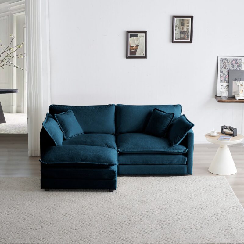 Walker Edison | Teal Cloud Chenille Two-Seater Loveseat Sofa with Ottoman - Image 3