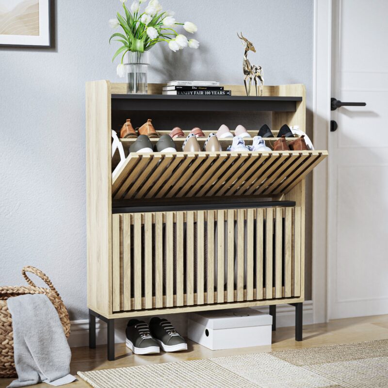 Walker Edison | Stylish Teak and Black Entryway Shoe Cabinet - Image 11
