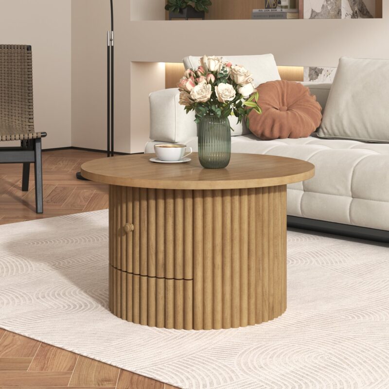 Walker Edison | Reeded Round Coffee Table with a Drawer - Image 4