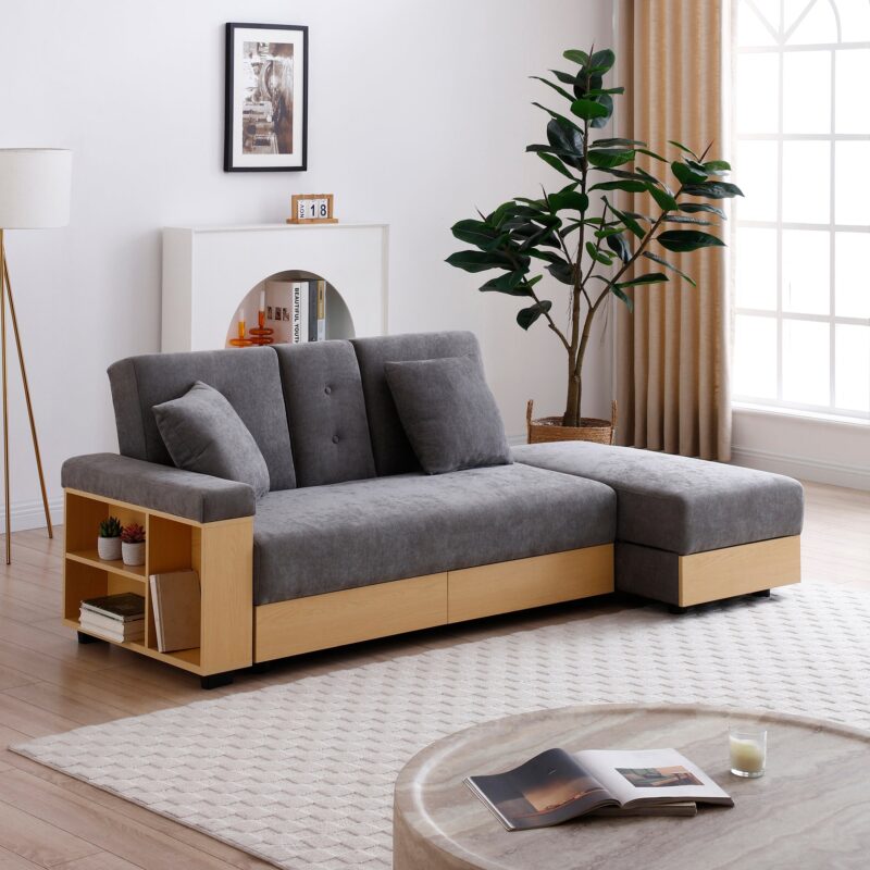 Walker Edison | Grey Multifunctional Convertible Sleeper Bed Sofa with Storage Ottoman - Image 3
