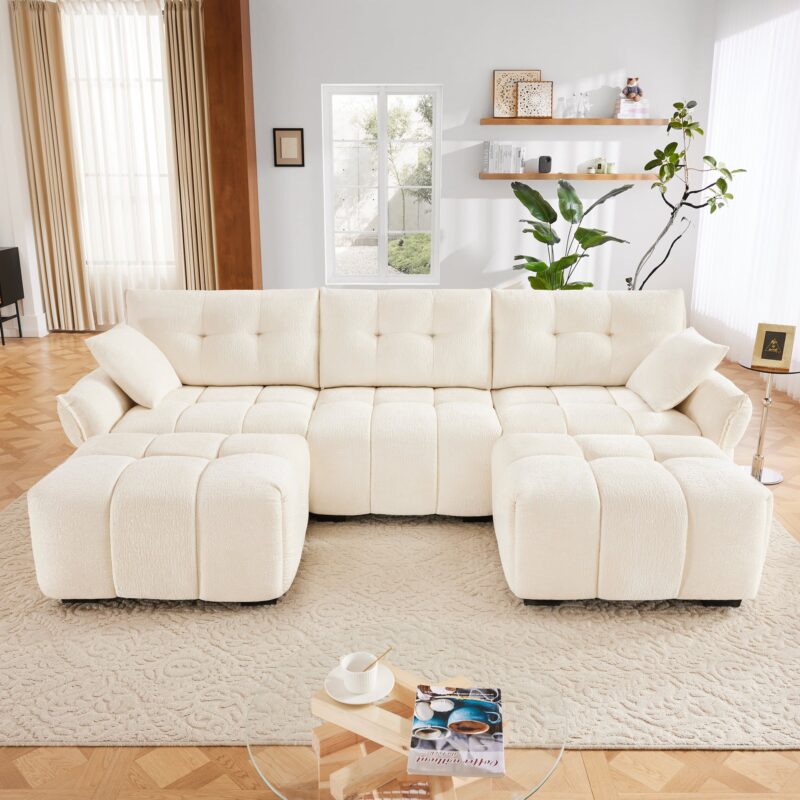Walker Edison | Chenille Tufted 3 Seater Sofa Set With Ottoman And Throw Pillows - Image 2