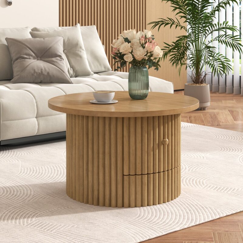 Walker Edison | Reeded Round Coffee Table with a Drawer - Image 3