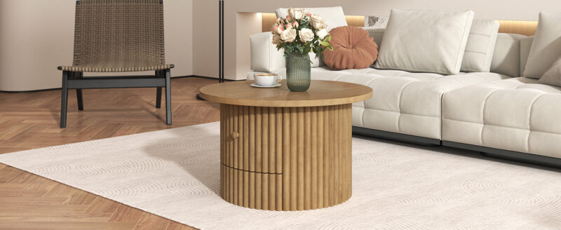 Walker Edison | Reeded Round Coffee Table with a Drawer - Image 19