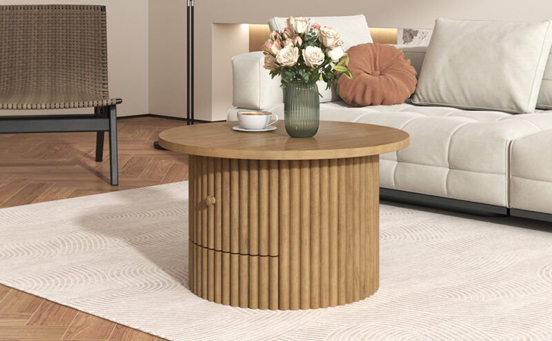 Walker Edison | Reeded Round Coffee Table with a Drawer - Image 18