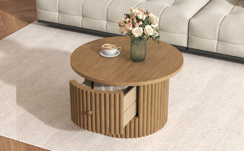 Walker Edison | Reeded Round Coffee Table with a Drawer - Image 24