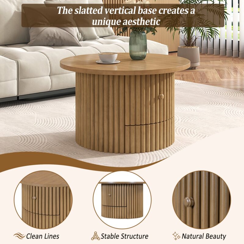 Walker Edison | Reeded Round Coffee Table with a Drawer - Image 5
