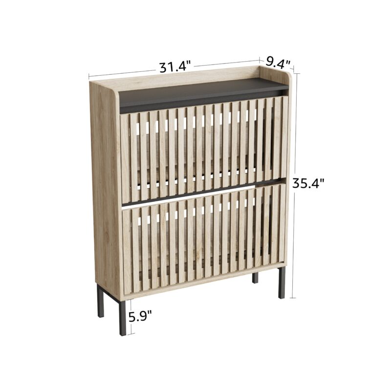 Walker Edison | Stylish Teak and Black Entryway Shoe Cabinet - Image 3
