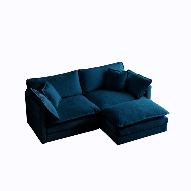 Walker Edison | Teal Cloud Chenille Two-Seater Loveseat Sofa with Ottoman - Image 4
