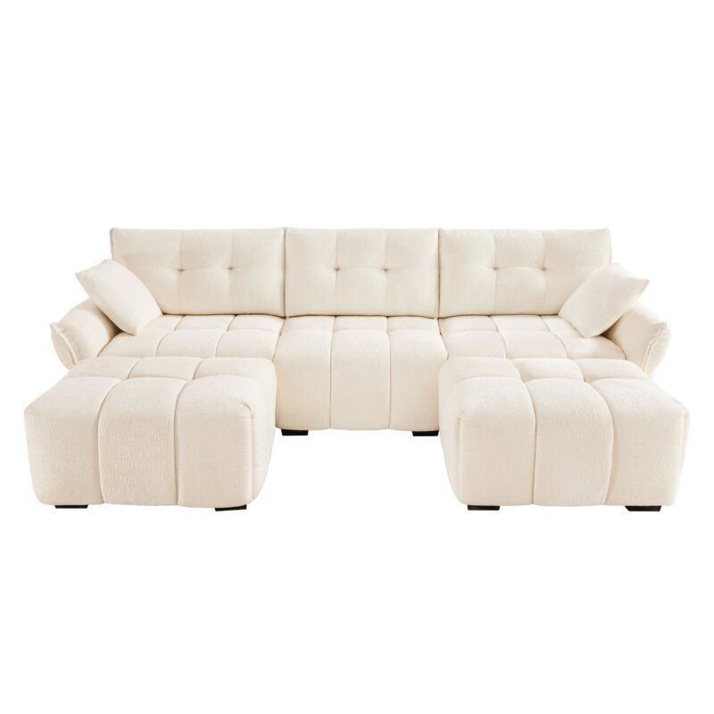 Walker Edison | Chenille Tufted 3 Seater Sofa Set With Ottoman And Throw Pillows - Image 10