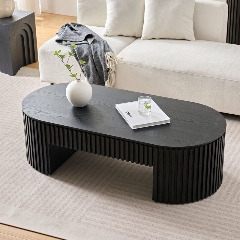 Walker Edison | Reeded Oval Wood Coffee Table With Drawer - Image 4