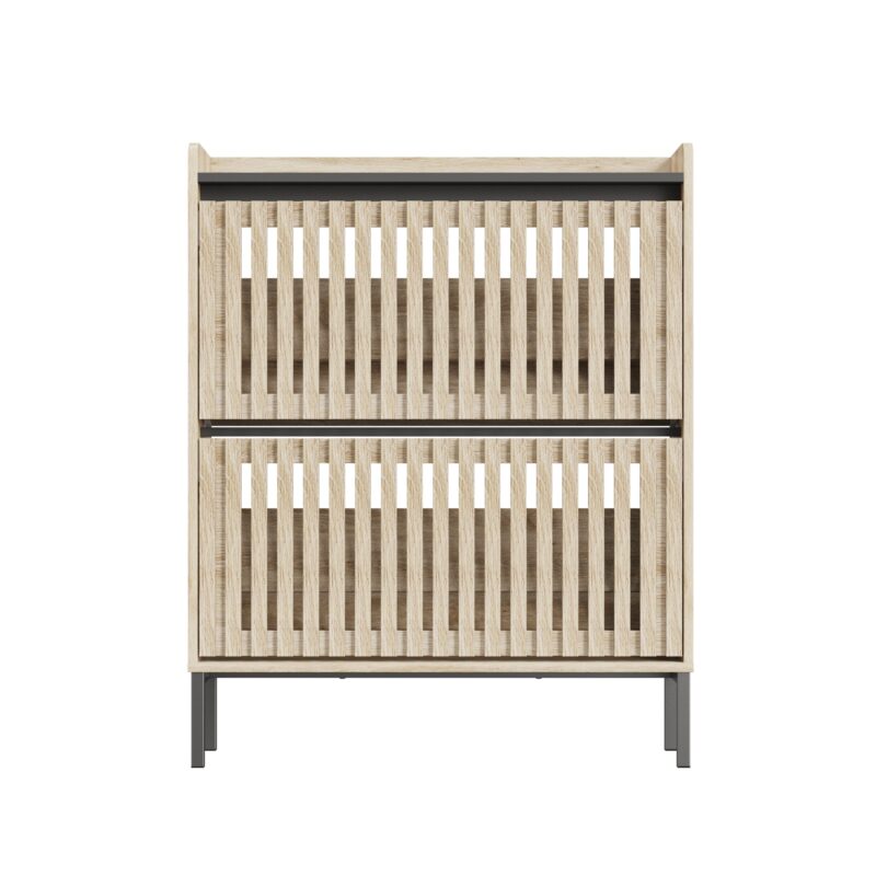 Walker Edison | Stylish Teak and Black Entryway Shoe Cabinet - Image 5
