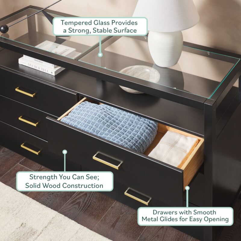 Isla Modern Easy Assembly 6 Drawer Dresser with Glass Top - Image 3