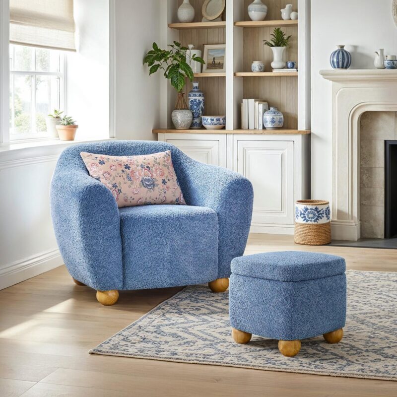 Linley Contemporary Bouclé Upholstered Accent Chair with Ottoman Set - Image 2