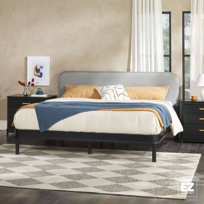 Annette Contemporary Upholstered Headboard Curved Wood Bed Frame - Image 3