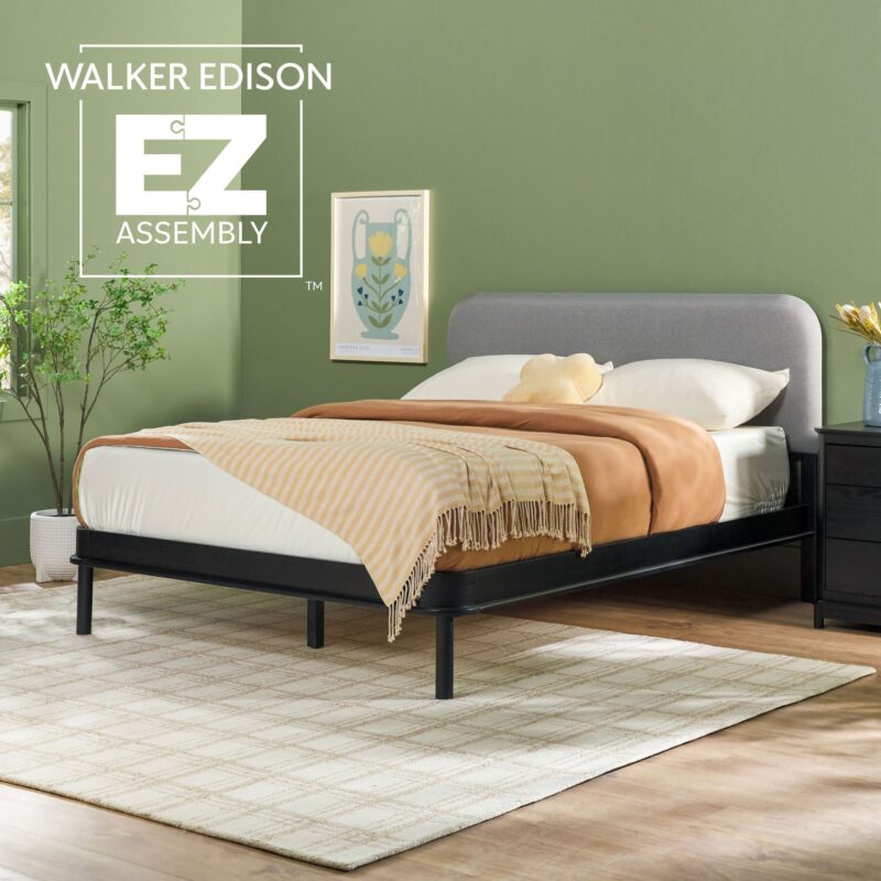 Annette Contemporary Upholstered Headboard Curved Wood Bed Frame - Image 18