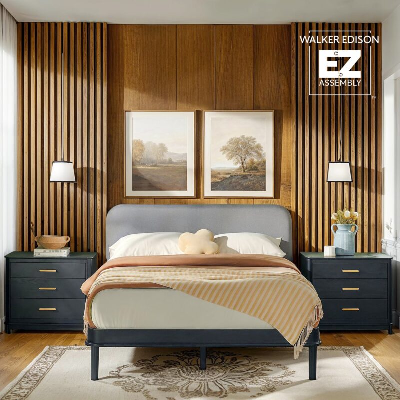 Annette Contemporary Upholstered Headboard Curved Wood Bed Frame