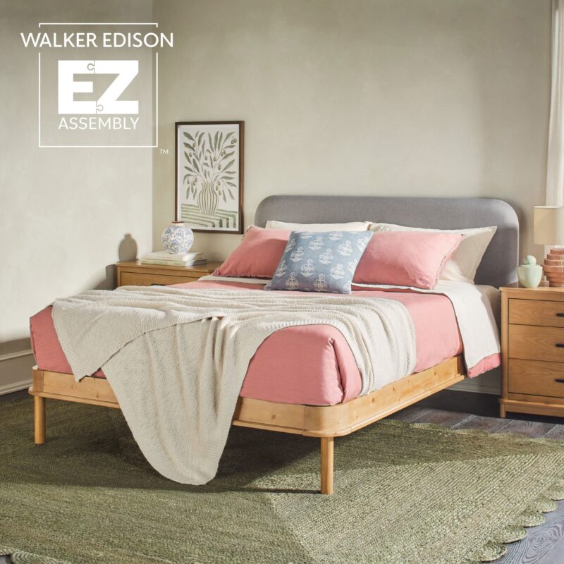 Annette Contemporary Upholstered Headboard Curved Wood Bed Frame - Image 24
