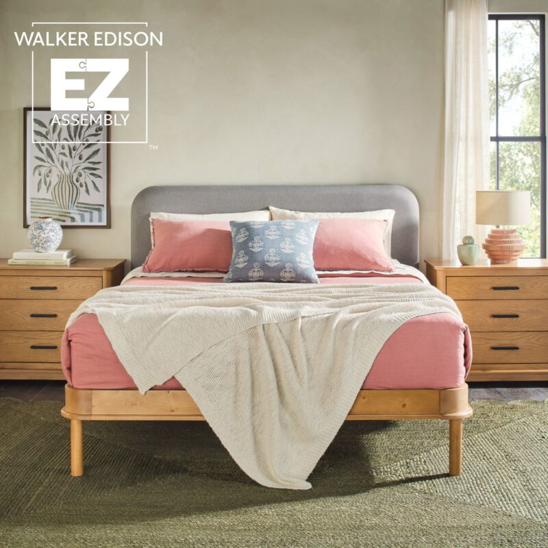 Annette Contemporary Upholstered Headboard Curved Wood Bed Frame - Image 25
