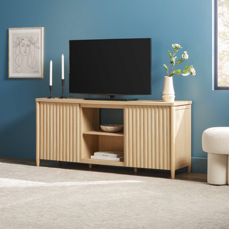 Flynn Scandinavian Reeded TV Stand with Storage - Image 15