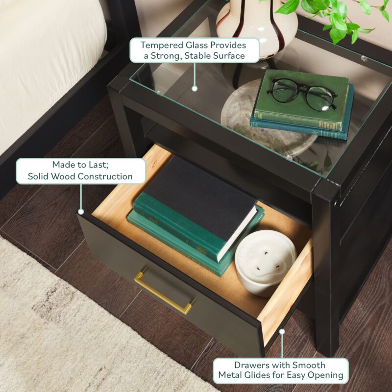 Isla Modern Easy Assembly 2 Drawer Nightstand with Glass Top - Image 3