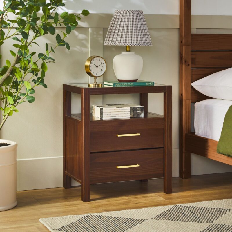Isla Modern Easy Assembly 2 Drawer Nightstand with Glass Top