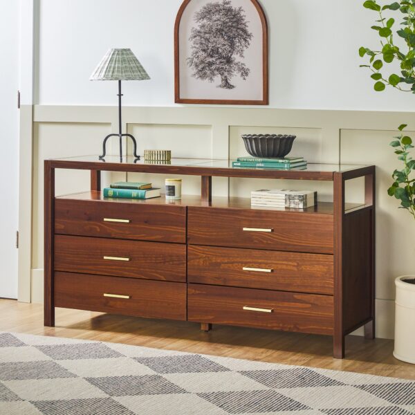 Isla Modern Easy Assembly 6 Drawer Dresser with Glass Top