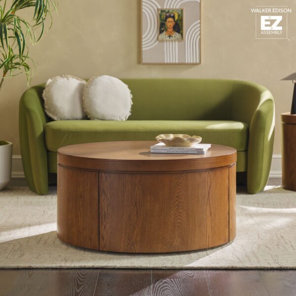 Maya Modern Round Oak Wood Veneer 36" Coffee Table with Storage