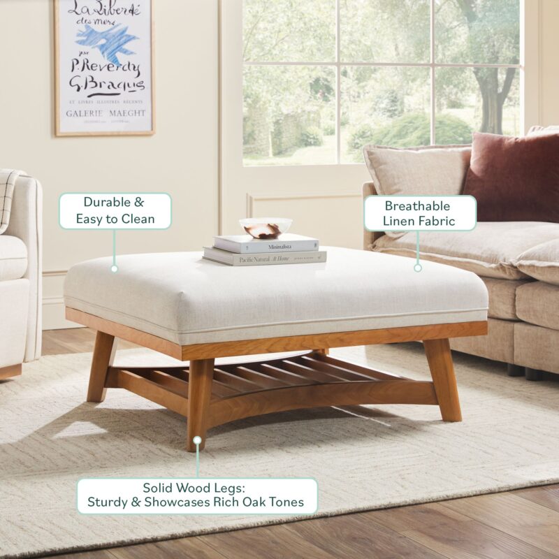 Nash Modern Farmhouse Easy Assembly Linen Large Ottoman - Image 4