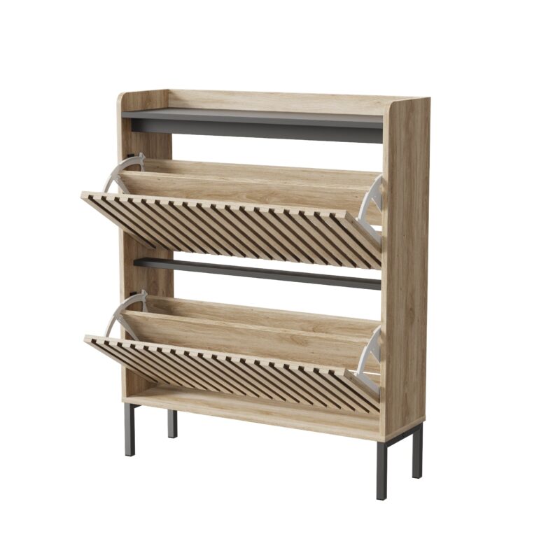 Walker Edison | Stylish Teak and Black Entryway Shoe Cabinet - Image 7