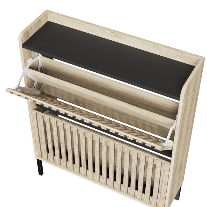 Walker Edison | Stylish Teak and Black Entryway Shoe Cabinet - Image 10