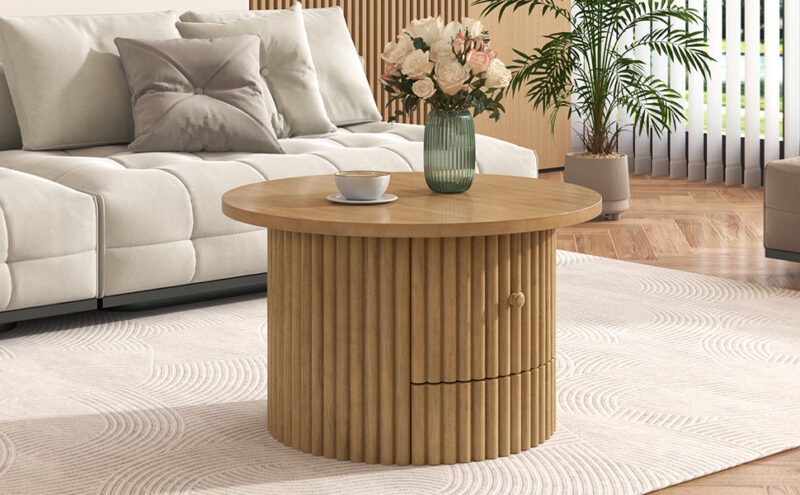 Walker Edison | Reeded Round Coffee Table with a Drawer - Image 22