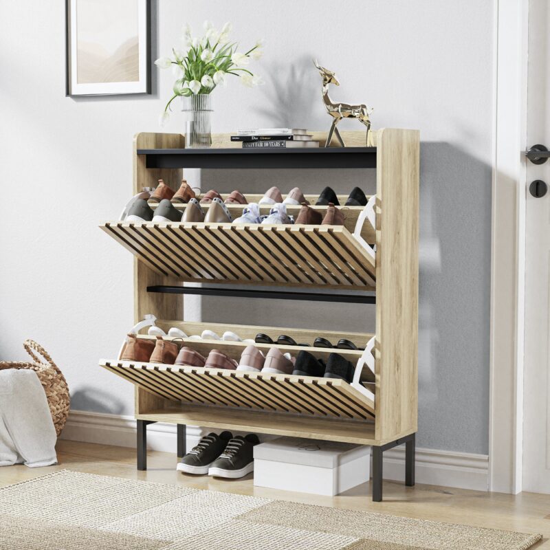 Walker Edison | Stylish Teak and Black Entryway Shoe Cabinet - Image 2