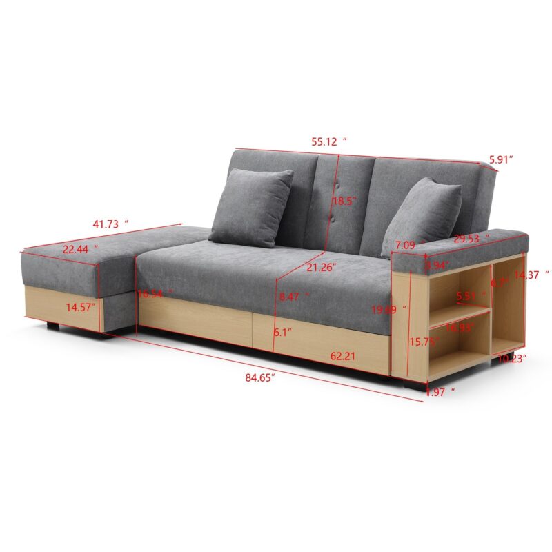 Walker Edison | Grey Multifunctional Convertible Sleeper Bed Sofa with Storage Ottoman - Image 9