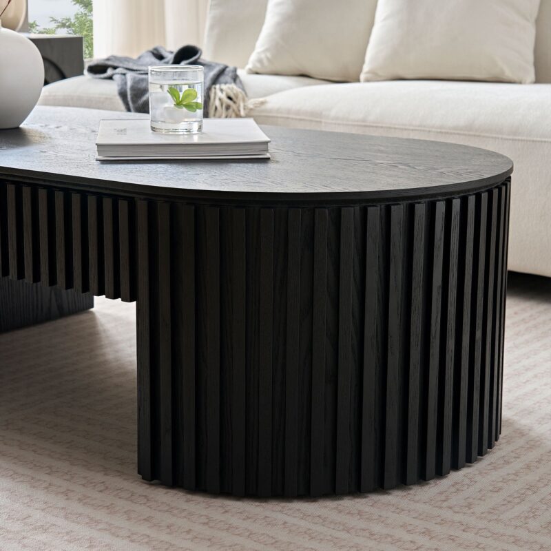 Walker Edison | Reeded Oval Wood Coffee Table With Drawer - Image 3