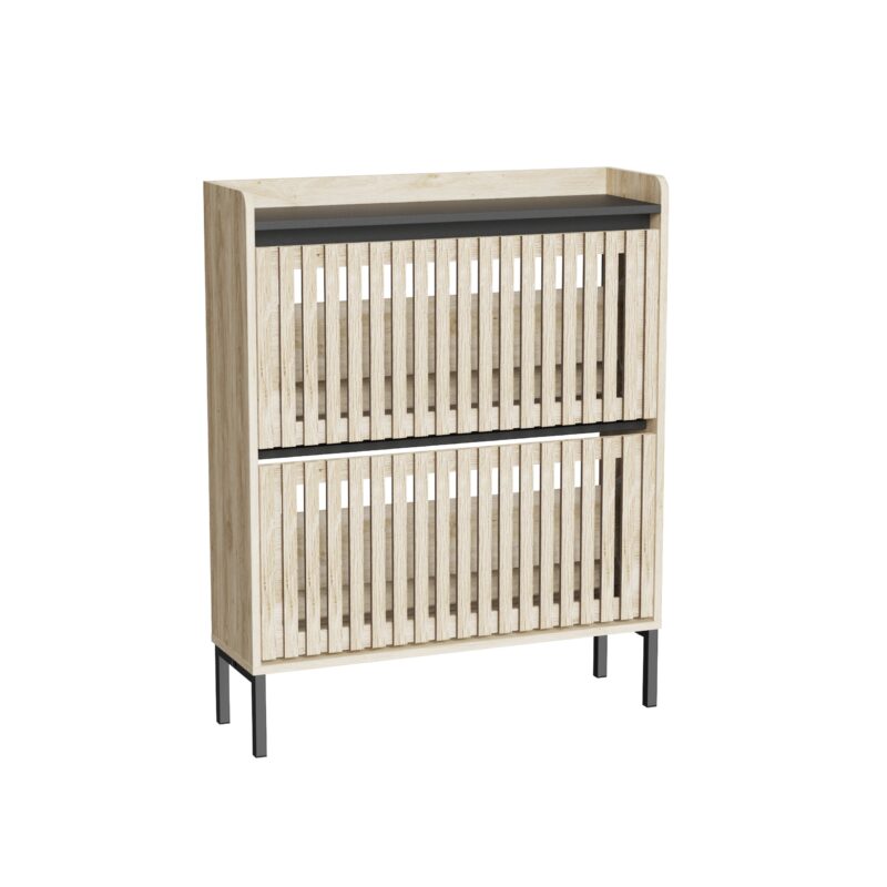 Walker Edison | Stylish Teak and Black Entryway Shoe Cabinet - Image 6