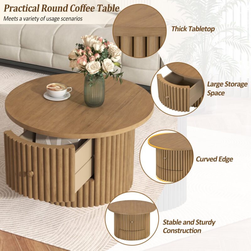 Walker Edison | Reeded Round Coffee Table with a Drawer - Image 6